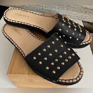 Carvela Gold Studded Black Leather Espadrilles; Size 8